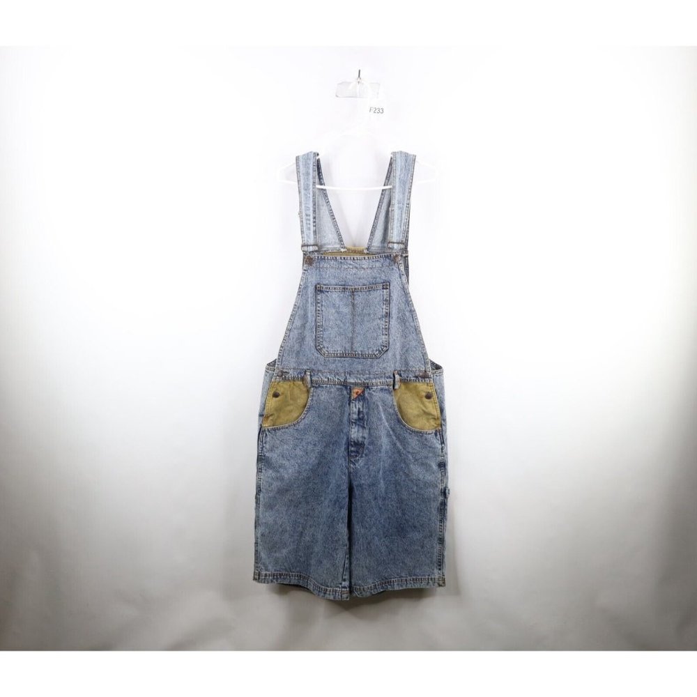 Deadstock Vtg 90s Fila Mens Large Spell Out Acid Wash Denim Overalls Shortalls